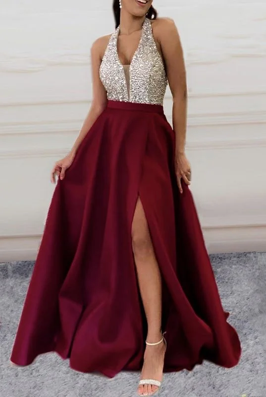 Women's Clothing For Outdoor Events Feminine Charm Beaded halter long satin prom dresses brugundy evening gown side split    cg22603