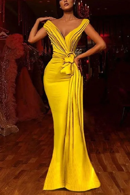 Women's Holiday Clothing Graceful Cut Yellow African Evening Dresses Pleats Knoted Mermaid Prom Gowns V Neck Short Sleeve Ruffles SA622