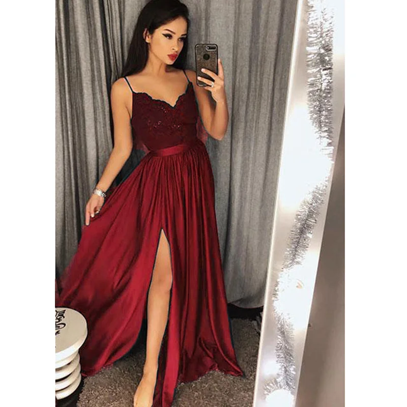 Women's Casual Apparel Graceful Drape Long Burgundy Evening Dresses with Straps Lace Top sexy Slit Party Formal Prom Gown