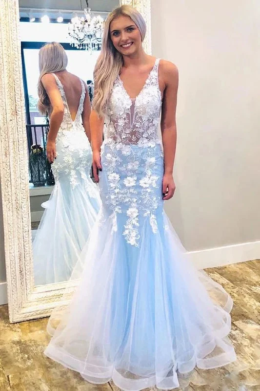 Vintage-Inspired Women's Clothes Feminine Elegance See Through V-Neck Sleeveless Light Blue Tulle Mermaid Prom Dresses with Lace Appliques N2635