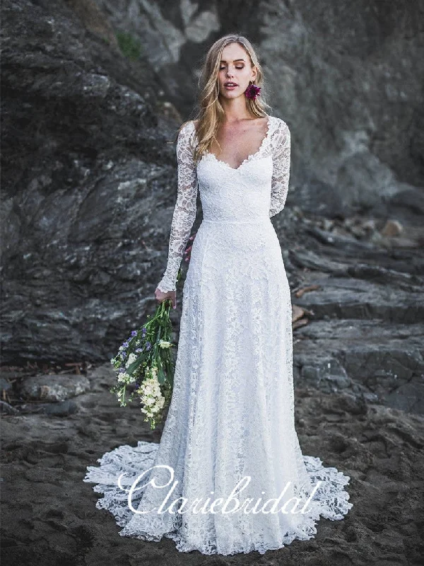 Luxury Women's Clothing Graceful Drape V-neck Long Sleeves Lace Wedding Dresses, Long Wedding Dresses, Beach Wedding Dresses