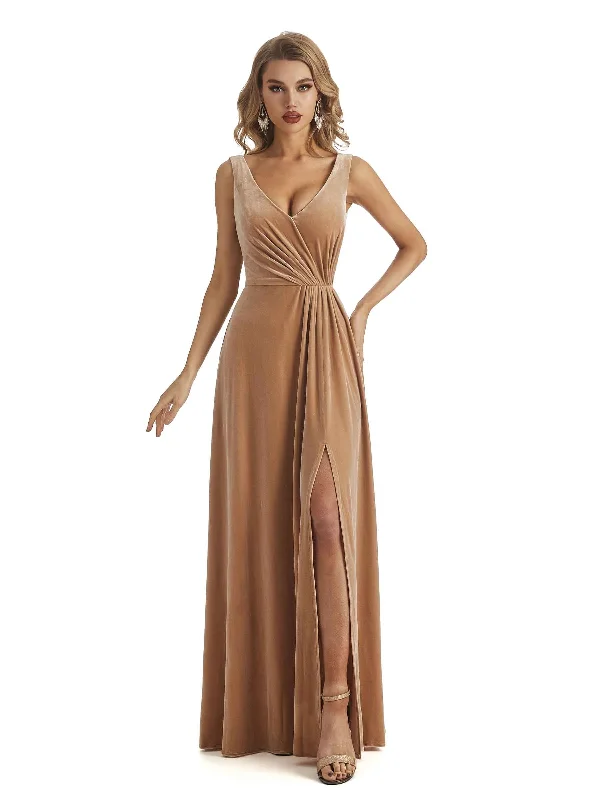 Women's Travel Outfit Set Flash Deals Elegant Velvet V-neck Unique Long Bridesmaid Dresses Online