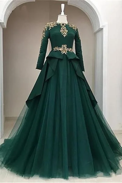 Casual Outfit For Women Casual Elegance Dark Green Satin Tulle O Neck Long Sleeve Arabic Formal Prom Dress With Applique cg2475