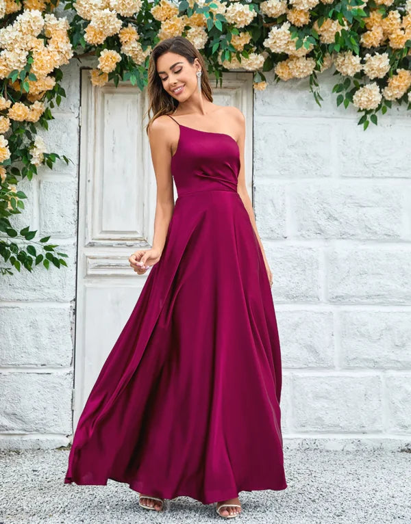 Women's Holiday Attire Minimalist Chic A-Line One Shoulder Burgundy Long with Ruffles Bridesmaid Dress