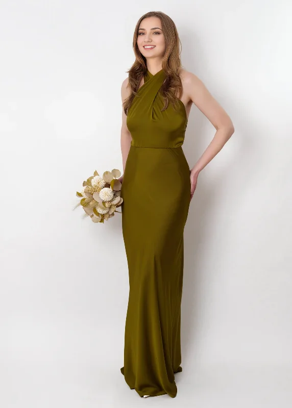 Formal Attire For Women Mid - Week Surprise Olive Silk Long Halter Open Back  Bridesmaid Dress Wedding Guest Dress Evening Dress