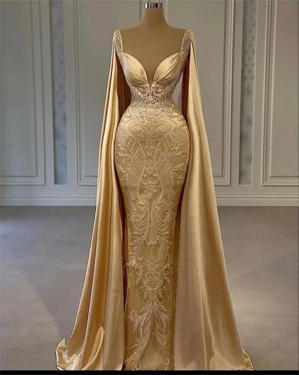 Women's Office Clothing Chic Sophistication Gold Mermaid Prom Dresses With Wrap Beaded Lace Appliqued Evening Dress Party Second Reception Gowns Plus Size SA1084