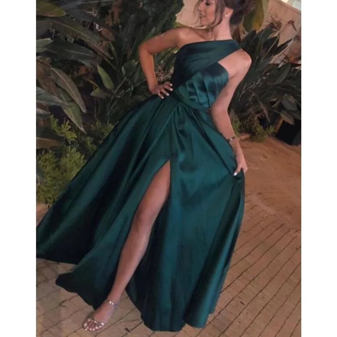 Women's Tops And Clothing Statement Piece green prom dresses 2020 pleats side slit satin floor length evening dresses   cg13804