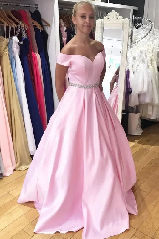 Stylish Outerwear Clothes For Women Bold Patterns Off the Shoulder Satin Pink Long Prom Dress   cg14442