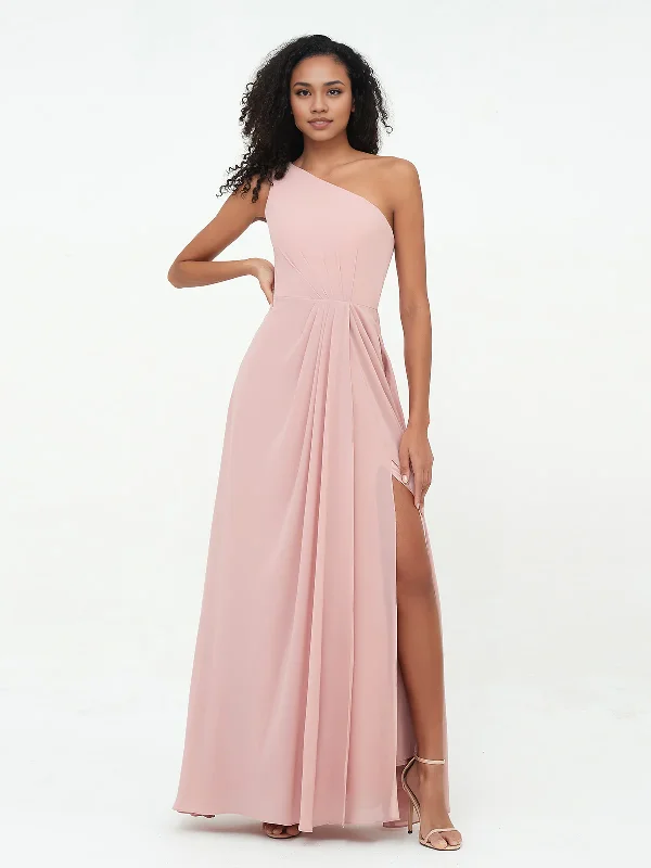 Women's Clothing For Travel Soft Textures One-Shoulder Chiffon Max Dresses with Slit-Dusty Rose Chiffon Bridesmaid Dresses