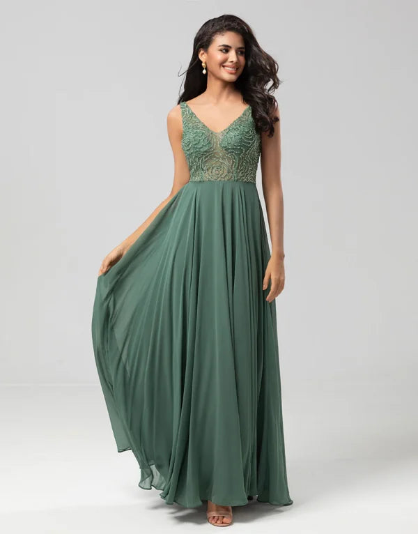 Women's Resort Attire Refined Look A Line V Neck Eucalyptus Long with Beading Bridesmaid Dress