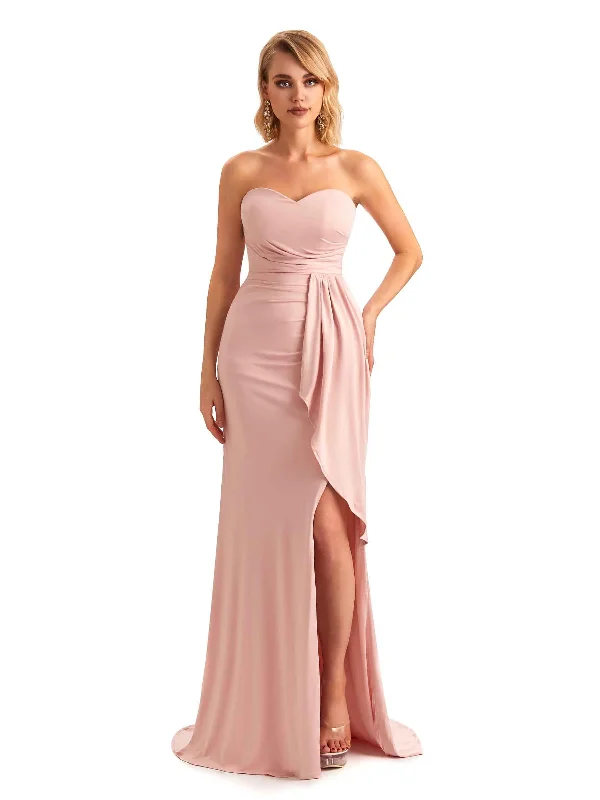 Women's Evening Garments Charming Silhouette Elegant Mermaid Pleats Strapless Stretchy Jersey Long Formal Bridesmaid Dresses