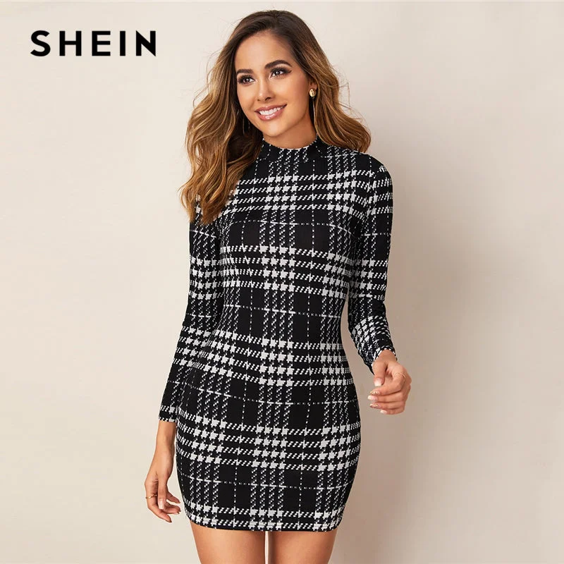 Women's Cozy Outfit For Lounging Elevated Style WILUXE Black And White Plaid Stand Collar Elegant Bodycon Dress Women 2019 Autumn Long Sleeve Office Ladies Skinny Mini Dresses