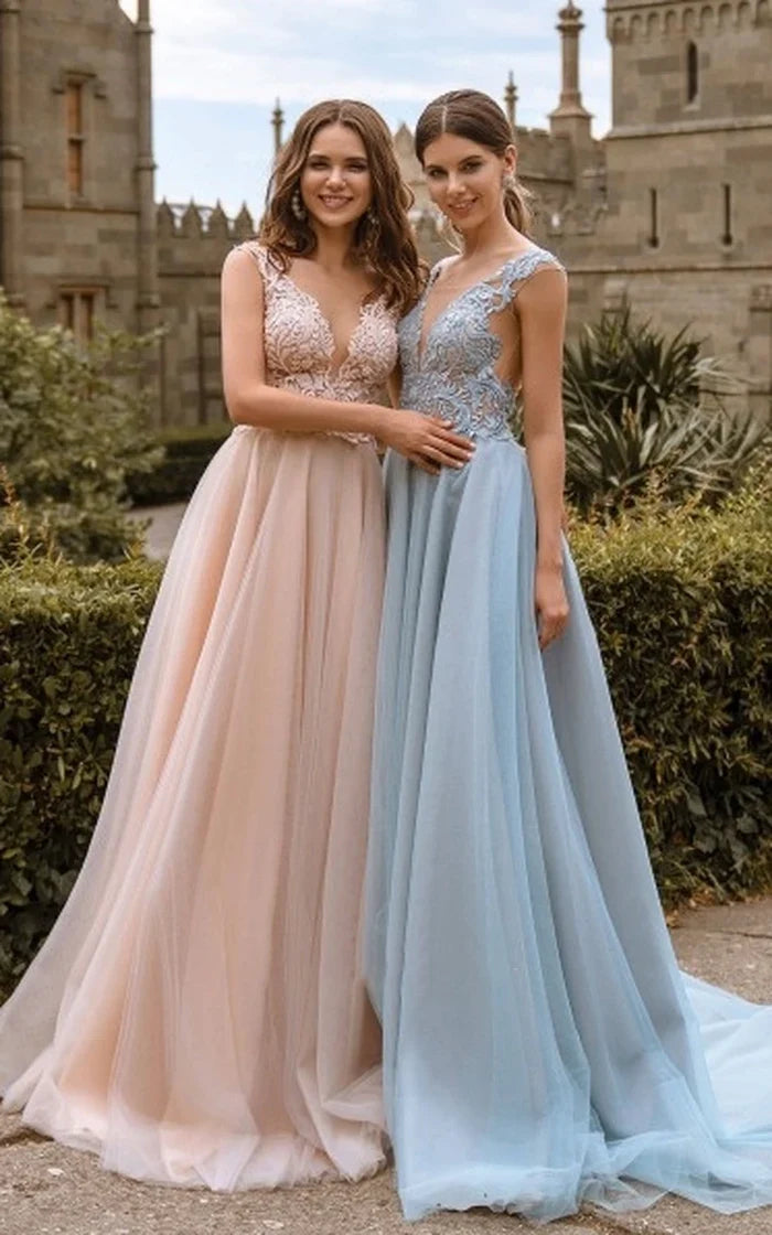 Women's Stylish Casual Garments Mid - Week Surprise Lace V Neck Bridesmaid Dresses Sexy Illusion Back Tulle Dresses