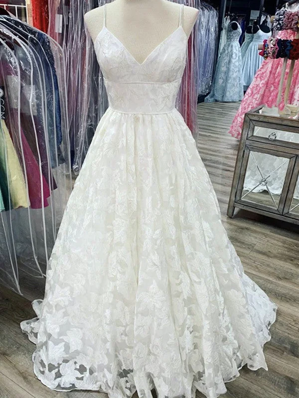 Women's Resort Apparel Elegant Ensemble Spaghetti Straps A-line Lace Wedding Dresses, Simple Design Popular Wedding Dresses