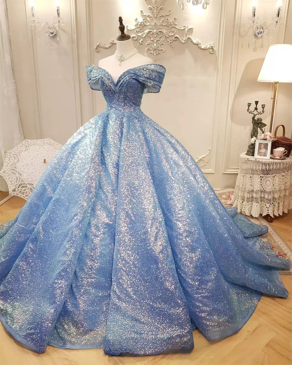 Women's Clothes For Work Effortless Comfort Blue Ball Gown Off-the-shoulder Sequins Quinceanera Dresses SH1592