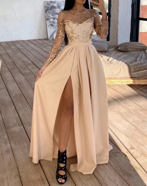 Women's Work Outfit For The Office Casual Elegance Long Sleeves Champagne Bridesmaid Dresses High Slit Evening Dresses