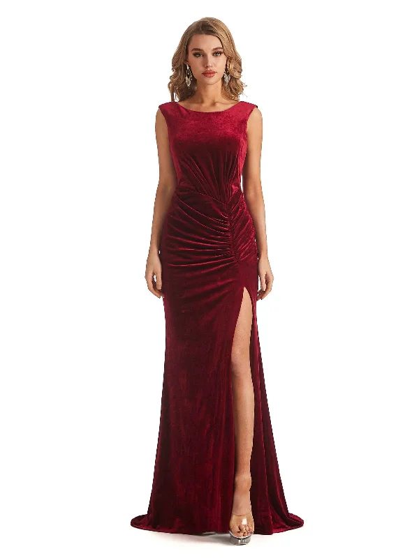 Women's Seasonal Garments Subtle Sophistication Sexy Open Back Mermaid Velvet Jewel High Split Maxi Long Bridesmaid Dresses Online