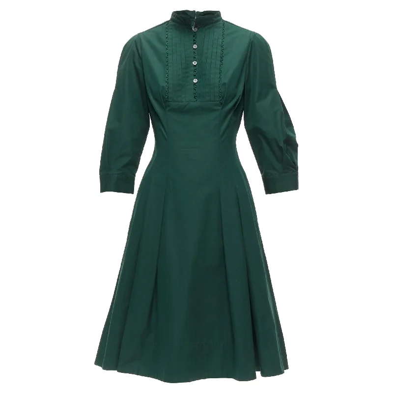 Women's Seasonal Clothes Exquisite Craftsmanship Oscar De La Renta Cotton Frill Trim Pleated Midi Shirt Dress