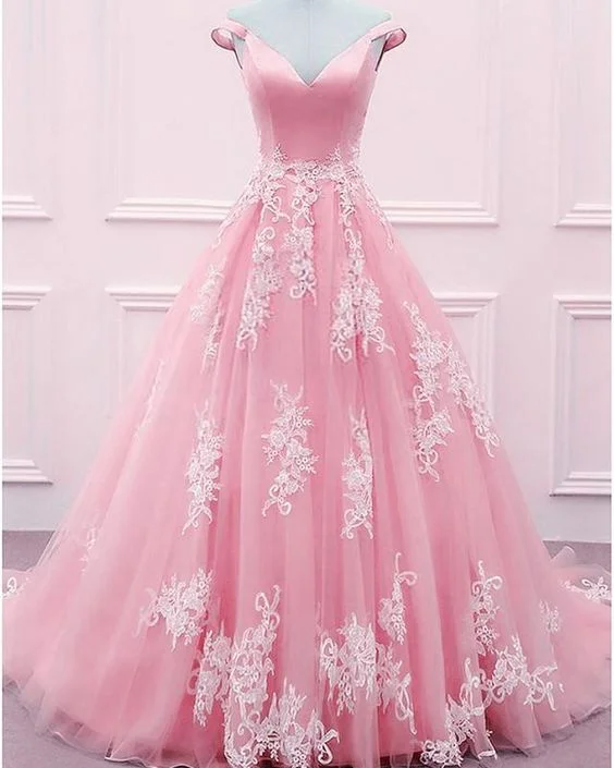 Timeless Women's Clothing Artful Design light pink Tulle And Satin Ball Gown Prom Dresses Lace Appliques Off Shoulder cg3484