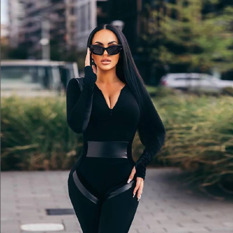 Women's Clothes For Work Events Polished Finish Kliou K22Q23273 women's outfits high street long sleeve solid color ladies jumpsuits stitching tight bodycon jumpsuit