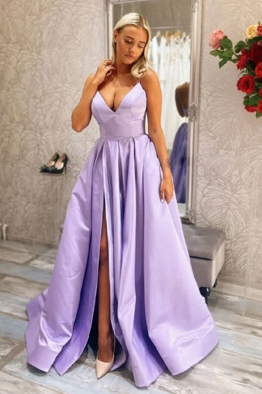 Women's Everyday Clothes Refined Simplicity Newest V Neck Purple Satin Long Prom Dresses with Slit, V Neck Purple Formal Dresses   cg17075