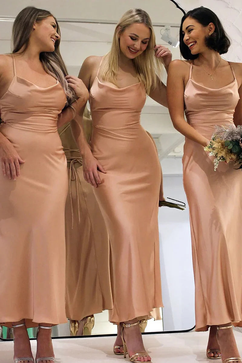 Women's Classic Outfit Minimalist Elegant Dusty Rose Satin Sheath Lace-Up Back Bridesmaid Dress