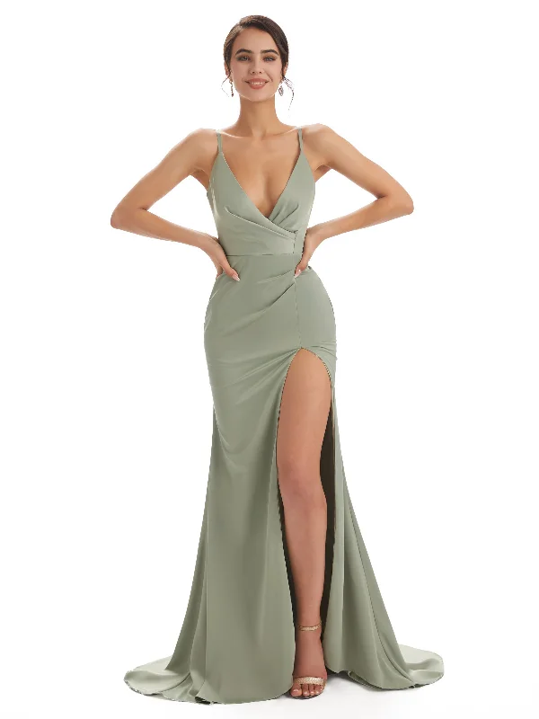 Women's Trendy Attire Sleek Design Sexy Soft Satin Side Slit Spaghetti Straps V-neck Long Mermaid Bridesmaid Dresses For Wedding