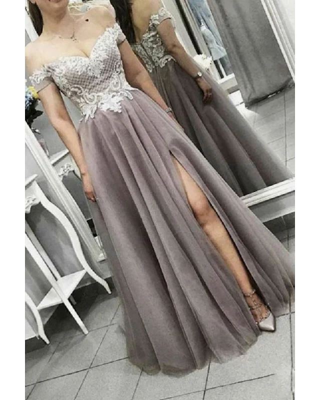 Women's Loungewear Clothes Artful Design Siaoryne Amazing Off Shoulder GOwn Gray Long Prom Evening Dresses 2020 Lace Appliqued Vestido De Festa Longo  LP1171