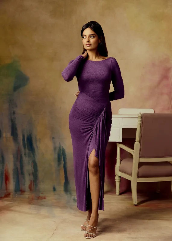 Women's Clothing For Holiday Travel Chic Sophistication Lyra Purple Bodycon Maxi Dress