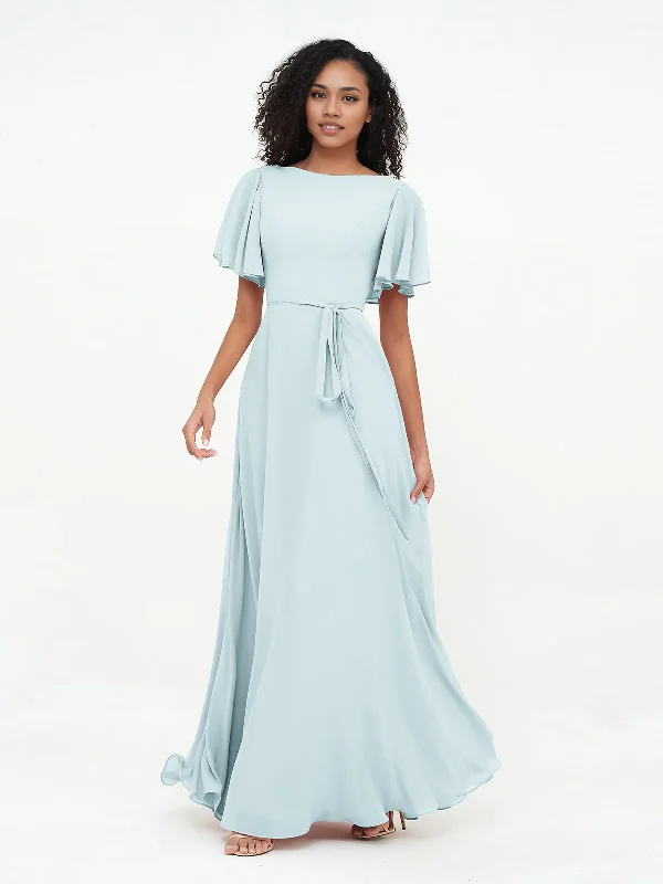 Luxury Women's Clothing Minimalist Chic Flutter Sleeves Chiffon Max Dresses Floor-length Bridesmaid Dresses with Sash Bow