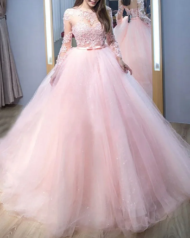 Women's Formal Clothes Sleek Design Sweet Pink Princess Quinceanera Dress Ball Gown Prom Lace Vintage Long Sleeves Ceremony Debutante Gown fpr Sweet 15 Party