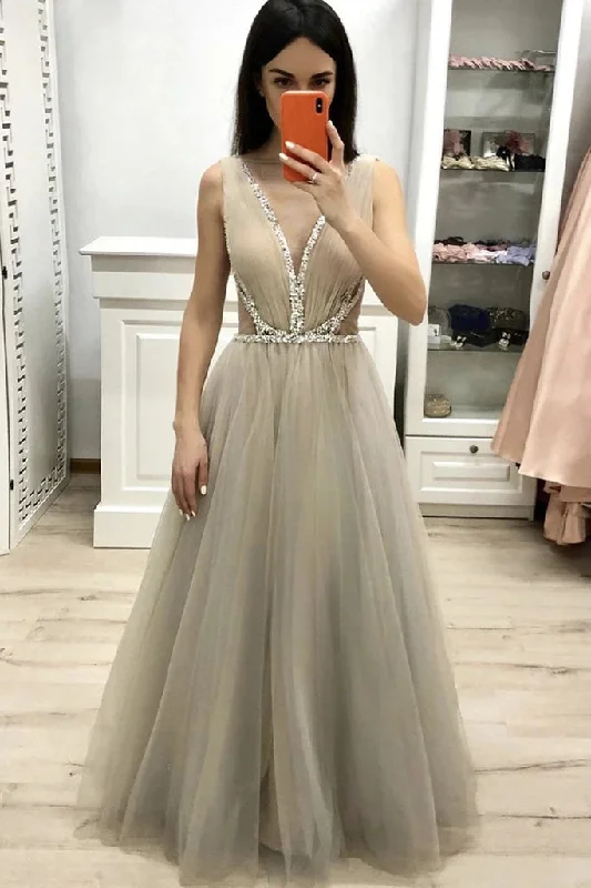 Women's Holiday Clothing Subtle Sophistication Deep V Neck Sleeveless Floor Length Prom Dresses with Beading A Line Tulle Long Dresses N2624