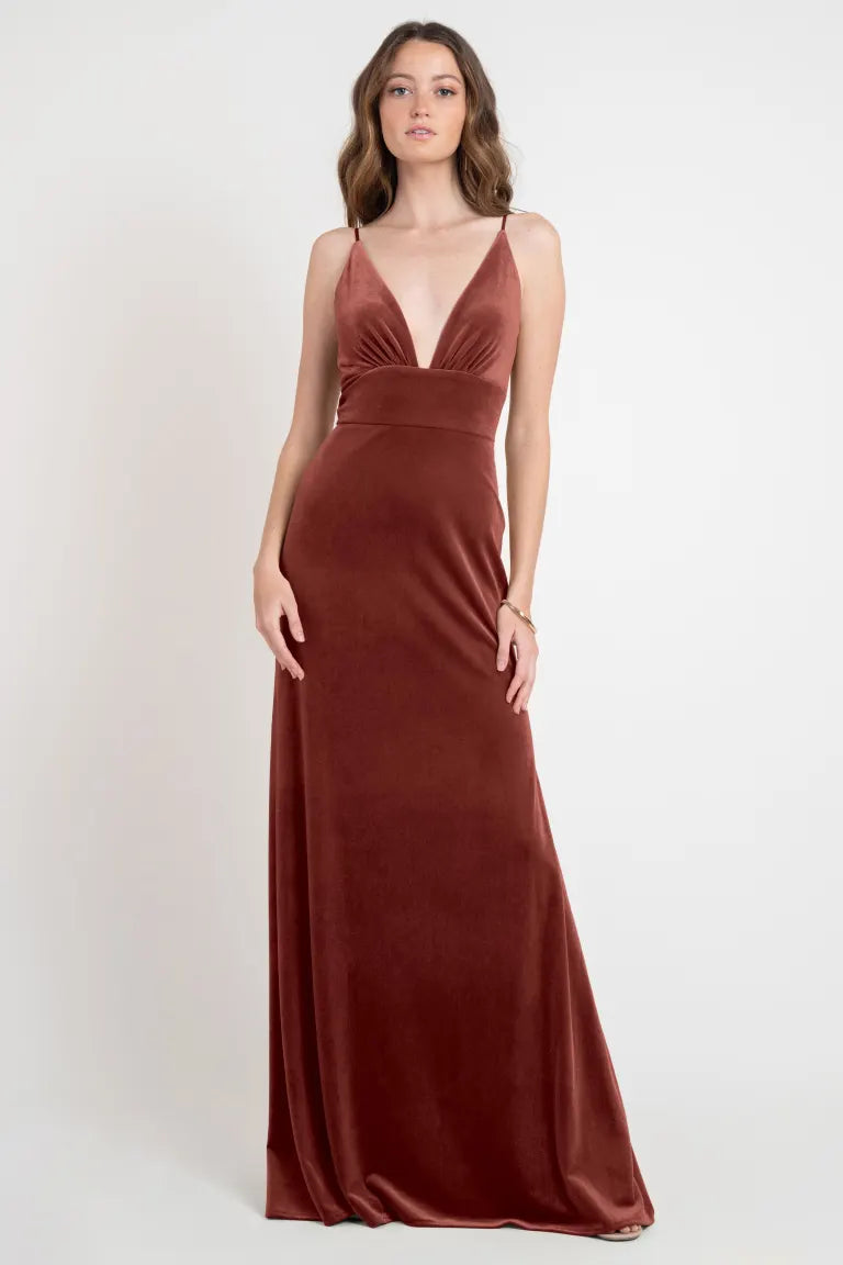 Women's Elegant Formal Outfit Seasonal Trend A-Line Deep V-Neck Floor-length Backless Velvet Bridesmaid Dresses Evening Dresses