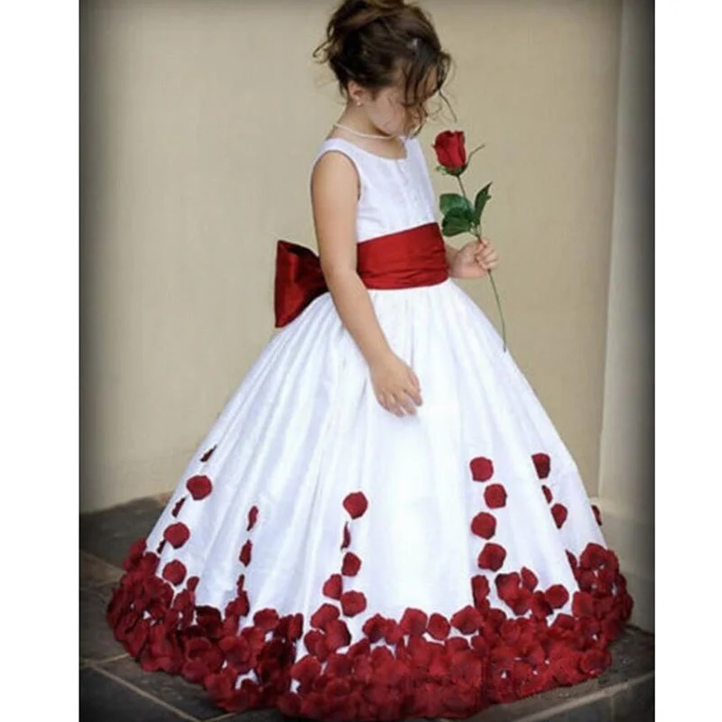 Women's Fashionable Clothing Sets Sleek Design LP2365 O Neck White Flower Girl Dress with Red Petal First Communion Gown little Girl Evening Dress