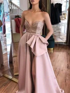 Women's Holiday Outfit Subtle Sophistication Sexy Thigh Split Dusty Rose Satin Prom Dresses   cg6074