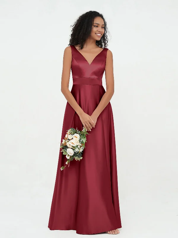 High-Fashion Women's Clothing Casual Elegance A-Line Princess V-neck Satin Max Dresses Bridesmaid Dresses with Pockets-Burgundy