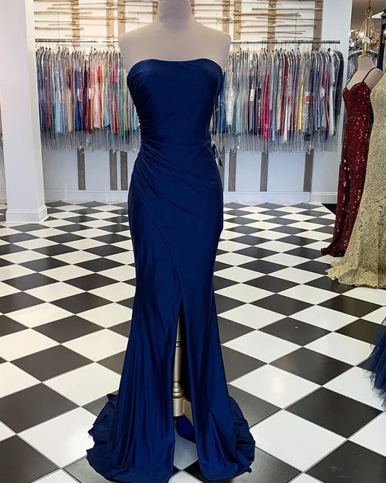 Women's High-Fashion Outfit Mid - Week Surprise Simple Strapless Ruched Navy Blue Satin Mermaid Prom Dress  cg7572