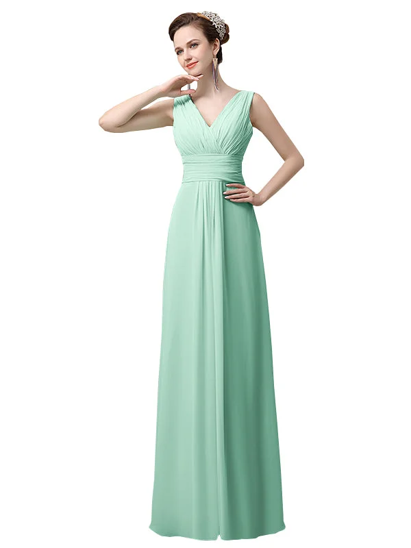 Women's Contemporary Clothing Elevated Style Simple A-line Chiffon V-Neck Floor-Length Long Bridesmaid Dresses