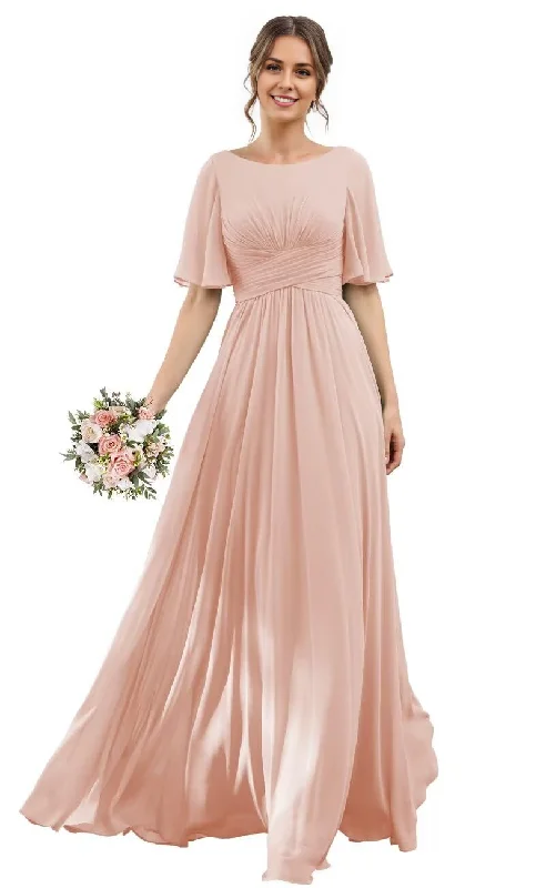 Women's Outfit Elegant Ensemble Formal Wear Dresses Bridesmaid Dresses A-Line Scoop Neck Elegant Flutter Sleeve Chiffon Pleated Long Wedding Guest Dresses