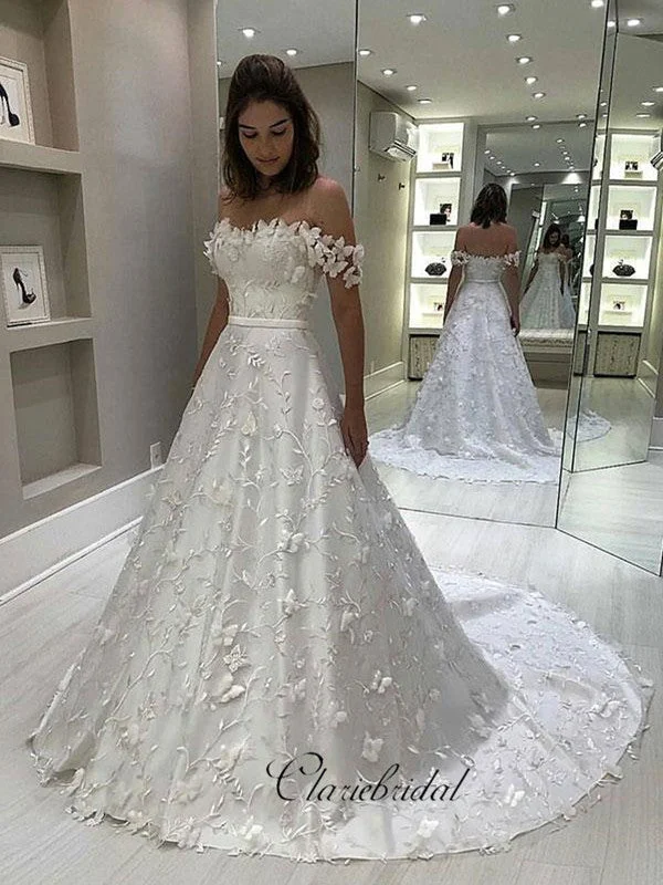 Stylish Women's Attire Modern Glamour Elegant A-line Appliques Wedding Dresses, Off Shoulder Lace Fashion Wedding Dresses