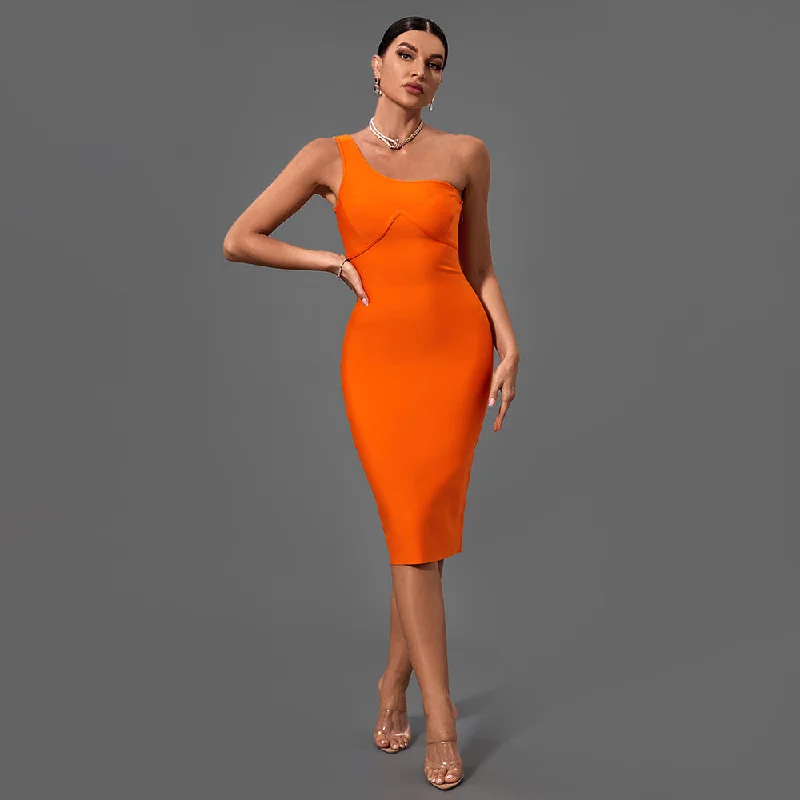 Women's Clothing For Everyday Wear Big Savings on Rustic Countryside Styles Orange One Shoulder Sleeveless Asymmetrical Midi Bandage Dress PF21422