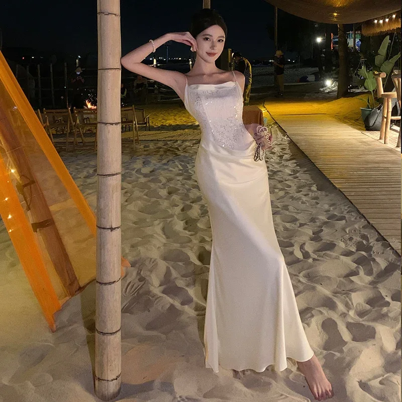 Women's Outerwear Clothing Vintage Charm Summer Simple White Sexy Club Backless Sequins Slip Dresses Women Fashion High Waist Bodycon Sleeveless Evening Party Dress Robe