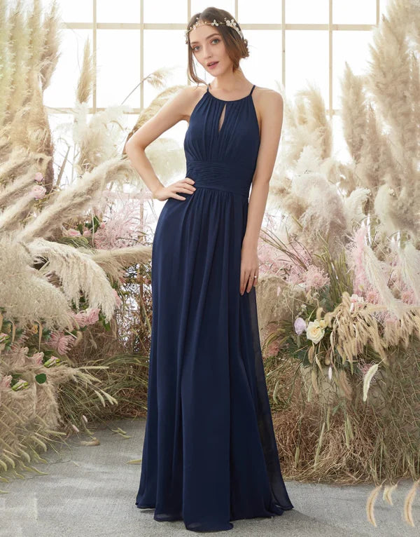 Women's Comfortable Garments Mid - Season Sale Bridesmaid Dress Navy Halter Chiffon