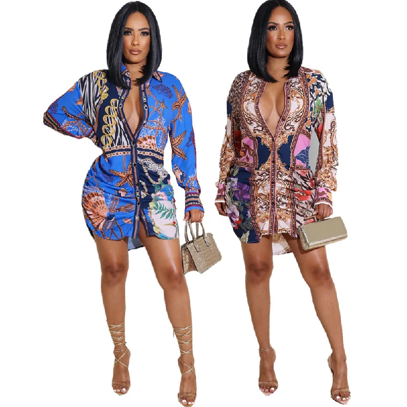 Women's Clothing For Everyday Wear Urban Sophistication C1102ME31 Autumn Trendy Casual Long Sleeve Print Bodycon Shirt Dress Women Sehe Fashion