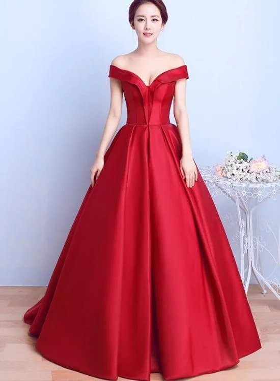 Classic Clothes For Women Score Big on Glamorous Red - Carpet Styles Red Satin Sweetheart Off Shoulder Long Formal Dress Evening Gown, Red Long Ball Gown Party Prom Dress      cg23553