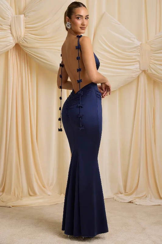 Sustainable Women's Clothing Clearance Event Bow-Detail Draped Open-Back Gown in True Navy