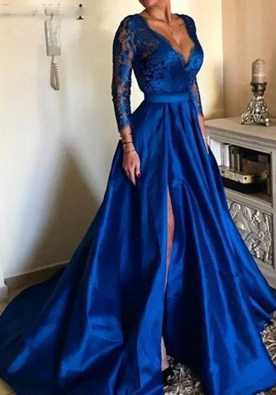 Women's Contemporary Clothing Effortless Style Royal Blue V-Neck Evening Dresses Lace Illusion Long Sleeve Satin Party Formal prom dress cg4038