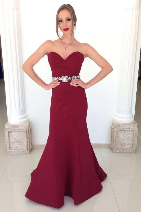 Women's Clothing For Casual Outings Classic Appeal Burgundy Sweetheart Mermaid Satin Prom Dress   cg13885