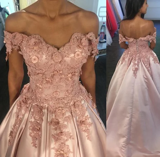 Women's Occasion Wear Clothing Elegant Details pearl pink satin ball gowns prom dresses with 3D Lace Flowers Beaded and off the shoulder neckline cg3421