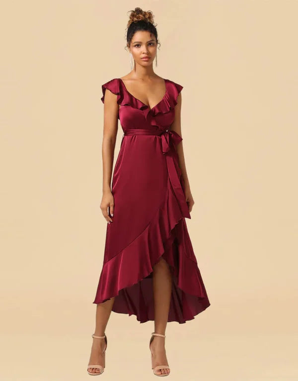 Women's Fashionable Attire For Work Flowy Fabric Asymmetrical Burgundy Satin With Ruffle Bridesmaid Dress